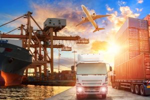 Logistics and transportation of Container Cargo ship and Cargo plane with working crane bridge in shipyard Logistics and transportation of Container Cargo ship and Cargo plane with working crane bridge in shipyard at sunrise, logistic import export and transport industry background